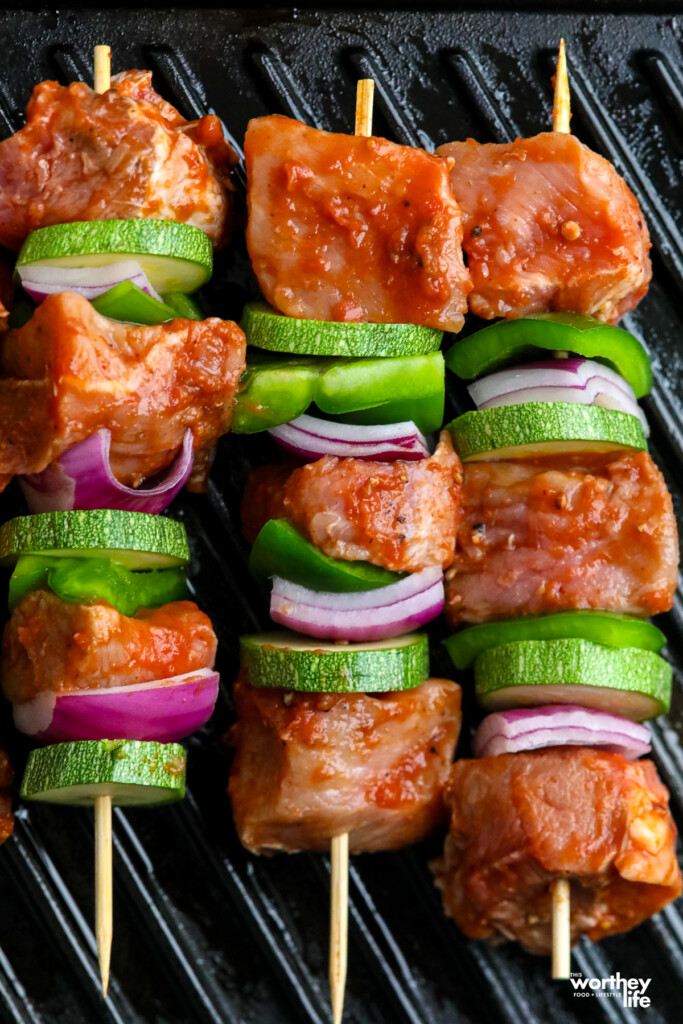 marinated Bloody Mary Pork Kabobs on the grill