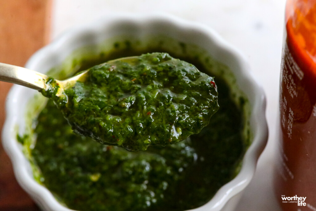 Spinach Chimichurri in a white small bowl