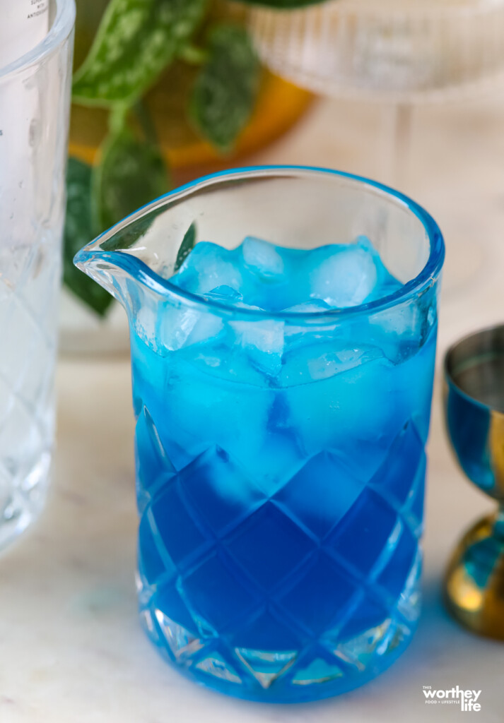 blue mocktail in a cocktail shaker