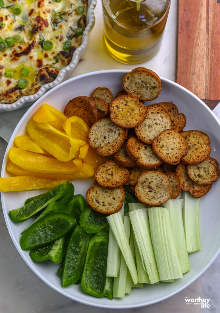 fresh veggies on a platter with bagel bites