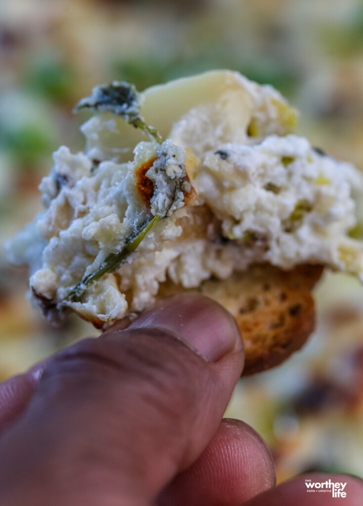 man's hand holding a bagel bite loaded with spinach dip