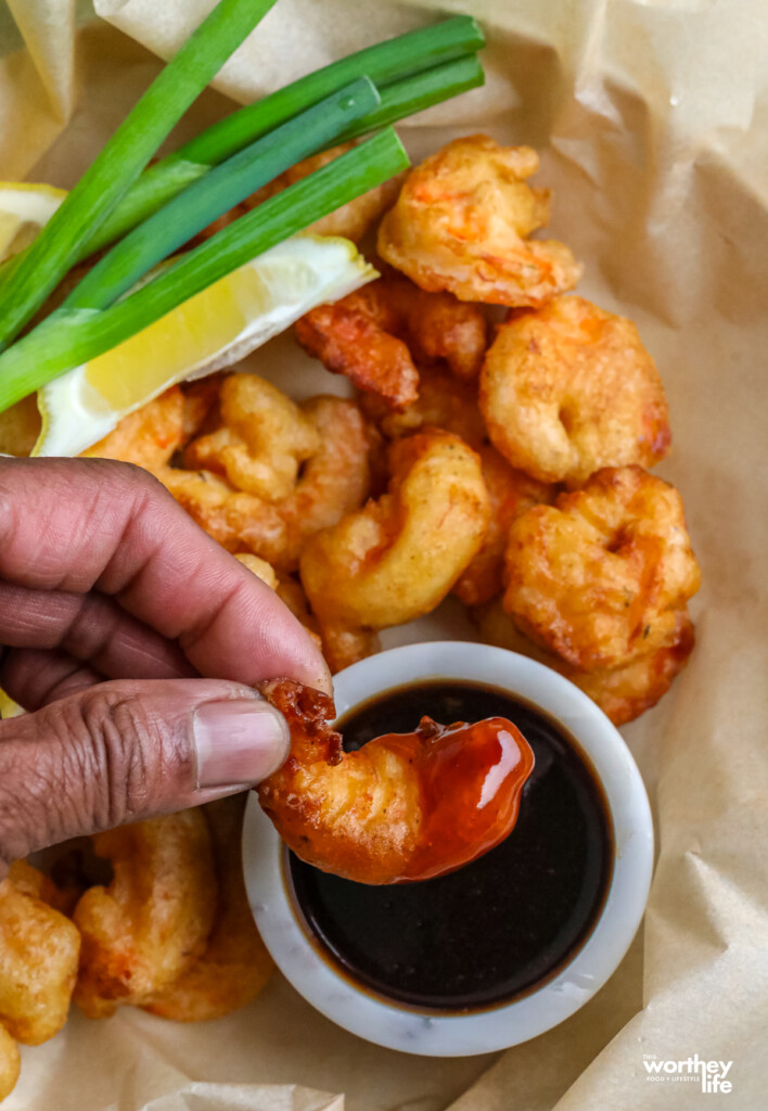 Beer battered shrimp served with a Guinness glaze sauce. 