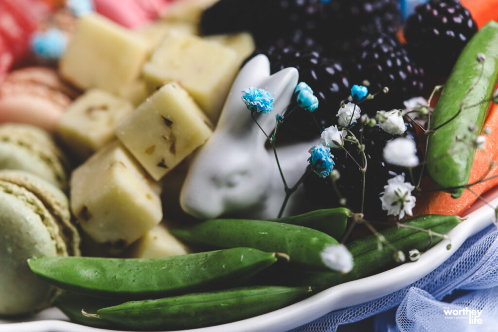 snow peas, cheese and sweets on a bunny platter