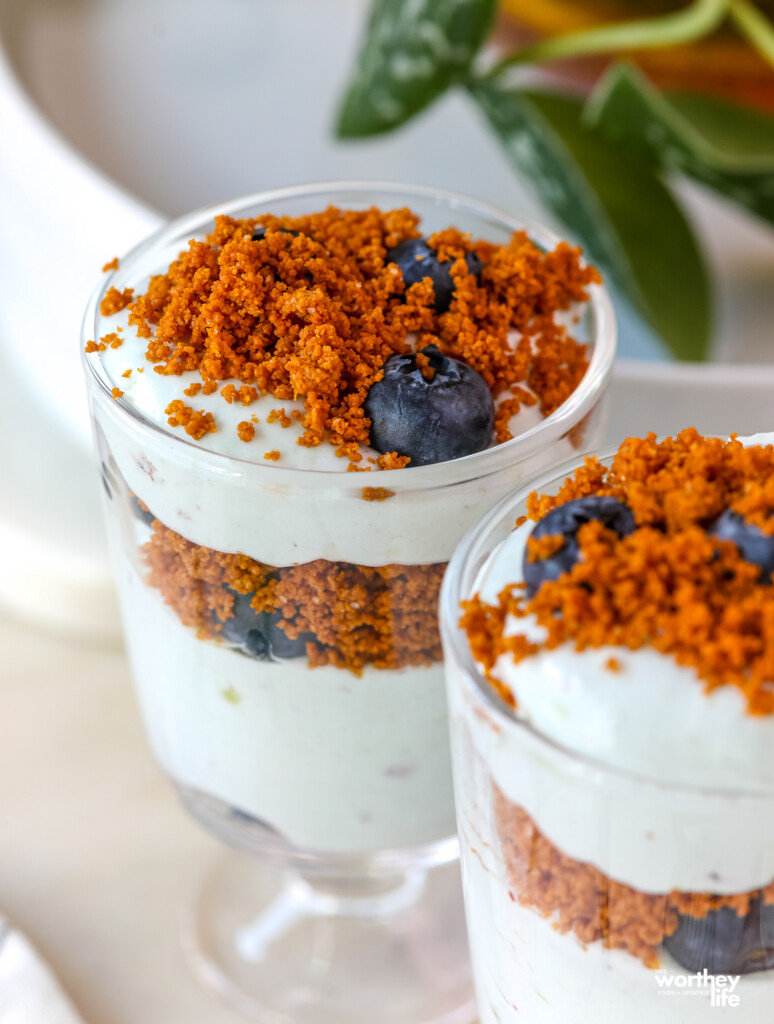 Creamy Blueberry Dessert served in a clear glass. 