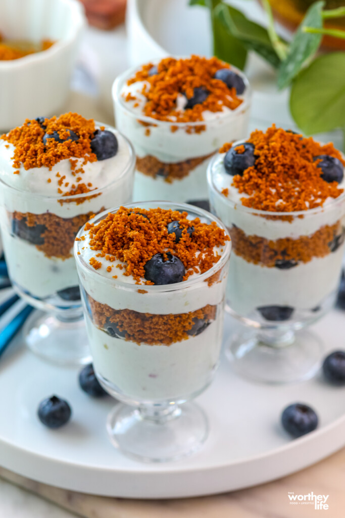 No Bake Blueberry Dessert in small glass cup