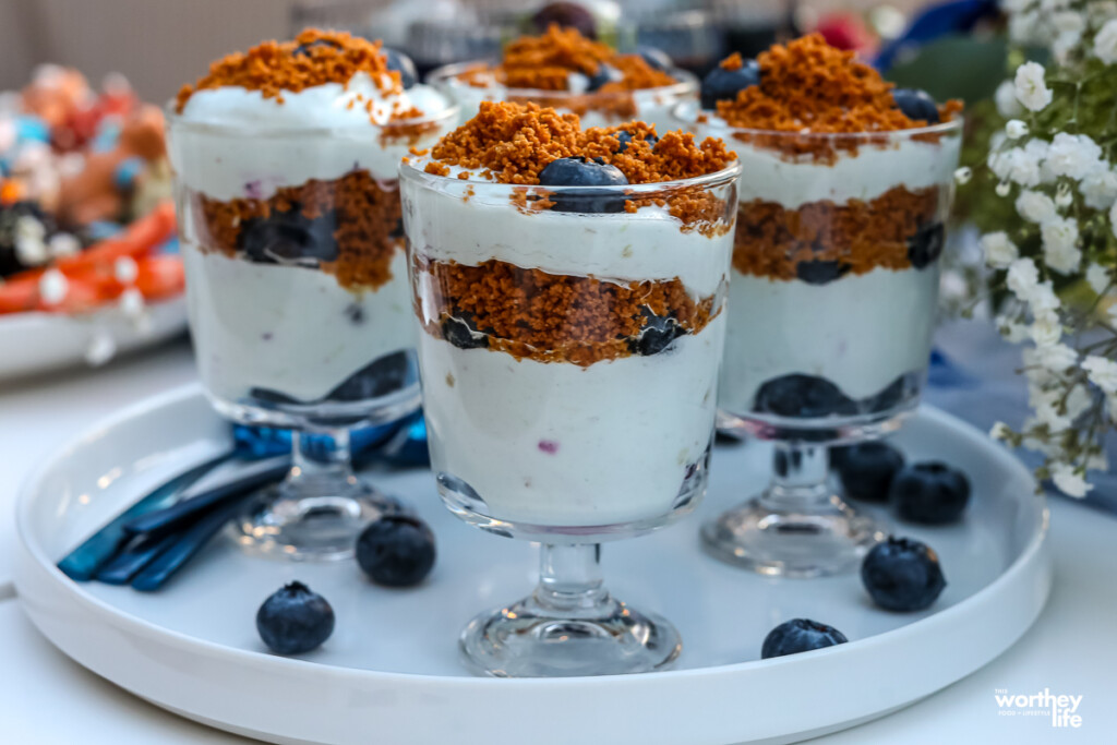 No-Bake Blueberry Dessert on a white serving tray.