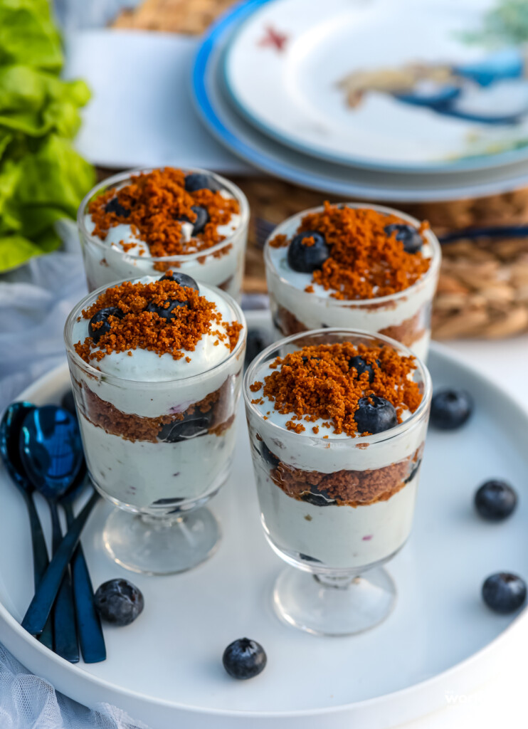 Four No-Bake Blueberry Dessert servings on a table. 