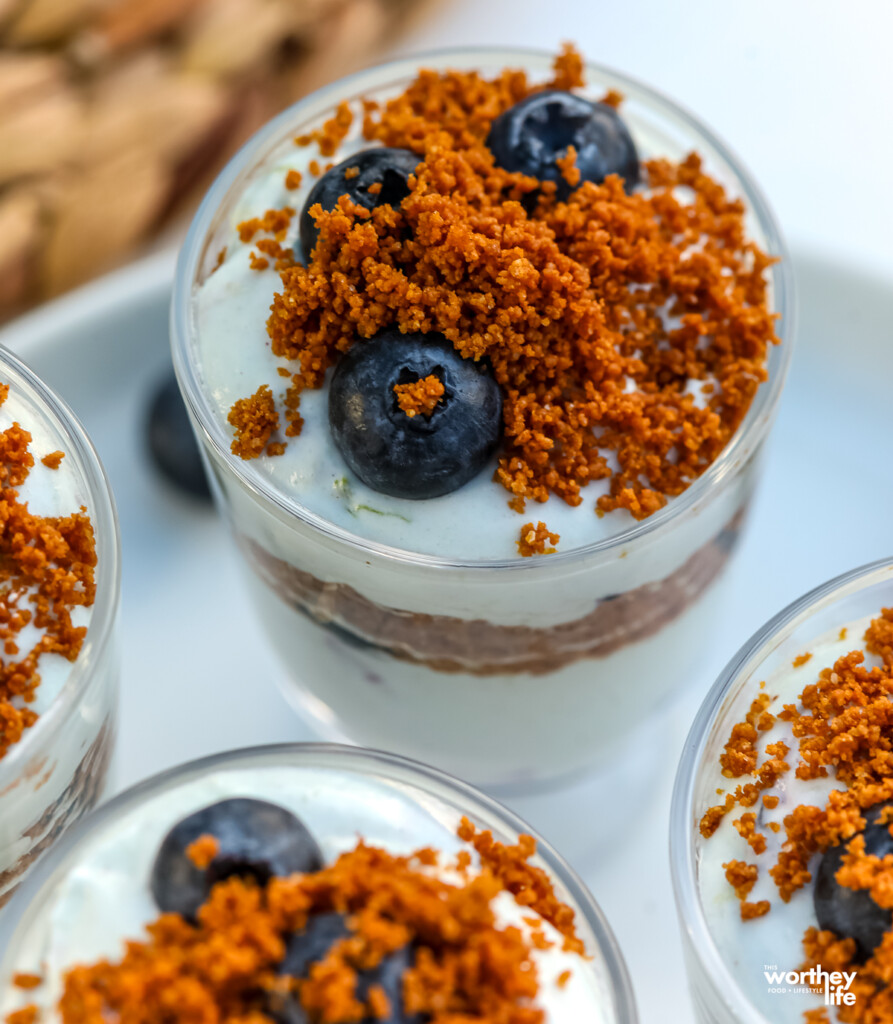 No-Bake Blueberry Dessert served in clear parfait glassware.