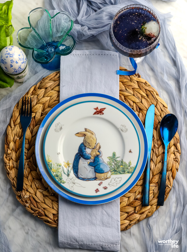 easter tablescape idea with a peter rabbit theme
