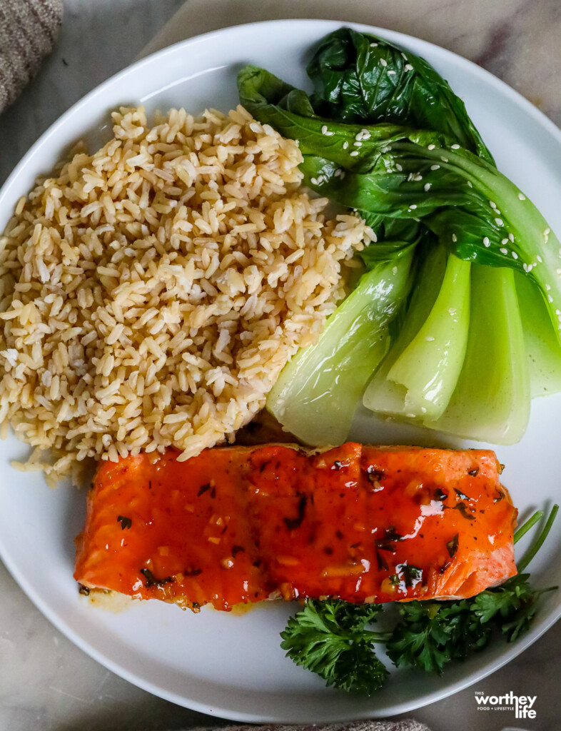 salmon with brown rice and bok choy