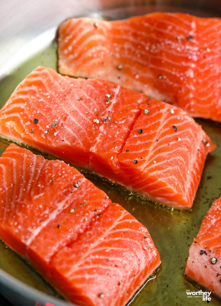 salmon filets in saucepan