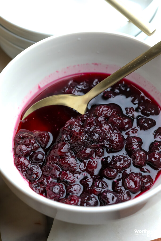 blueberry topping mix in a ceramic bowl