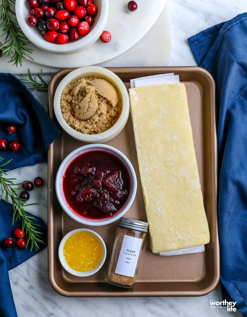 Ingredients on a pan to make cinnamon rolls
