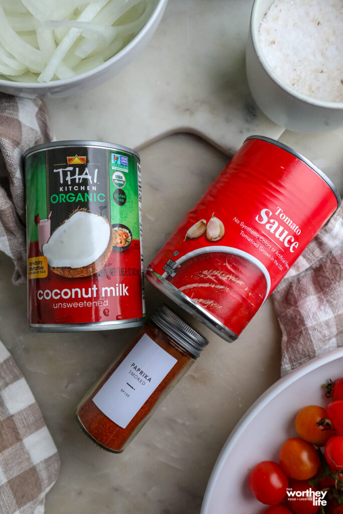 can of coconut milk and tomato sauce to make a creamy sauce 